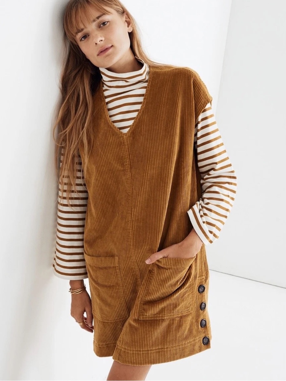 Madewell Corduroy mini dress side Button Shift Dress Egyptian Gold mustard small